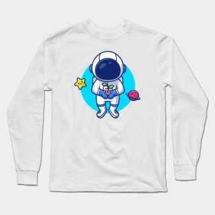 Astronaut Holding Plant In Space With Star And Planet Cartoon Long Sleeve T-Shirt